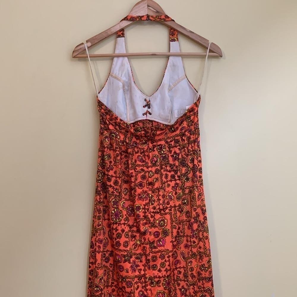 Sirena California 70's Neon Orange Floral Halter 2 Side Slits Maxi Dress S/M - Picture 9 of 17